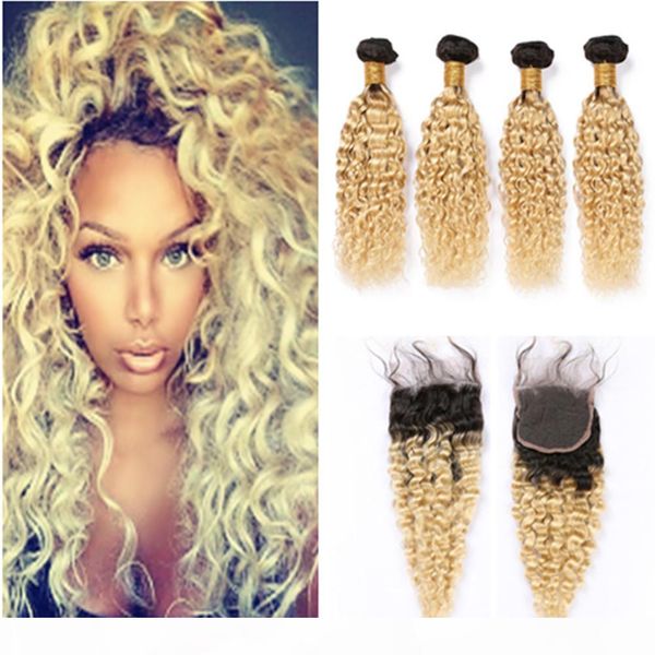 

#1b 613 ombre virgin hair closure with 4bundles blonde ombre weaves peruvian wet and wavy human hair bundles with lace closure water wave, Black;brown