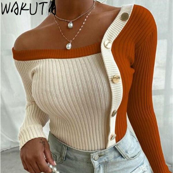 

wakuta fashion button off shoulder sweater women 2021 autumn winter strapless skinny pullover long sleeve knitwear female, White;black