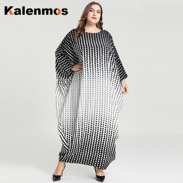 

kalenmos new autumn abaya dress women muslim bat sleeve rhombus print gowns oversize casual arabic loose robe burka plus size, Red