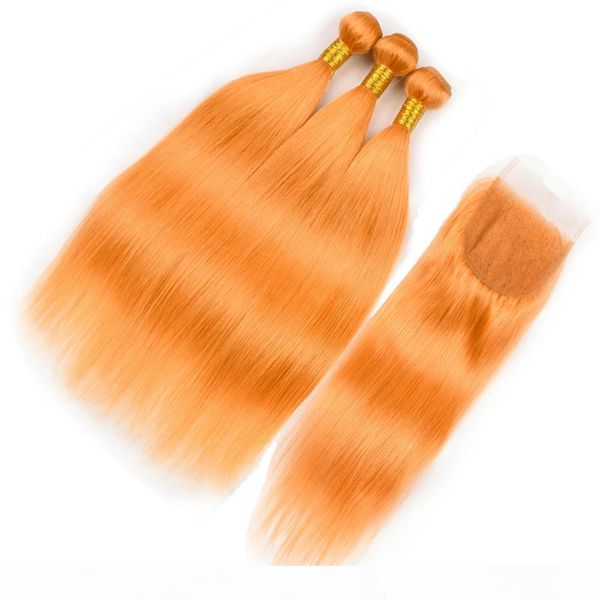 

pure orange peruvian human hair 3bundles with closure 4pcs lot straight orange colored human hair weaves with 4x4 front lace closure, Black