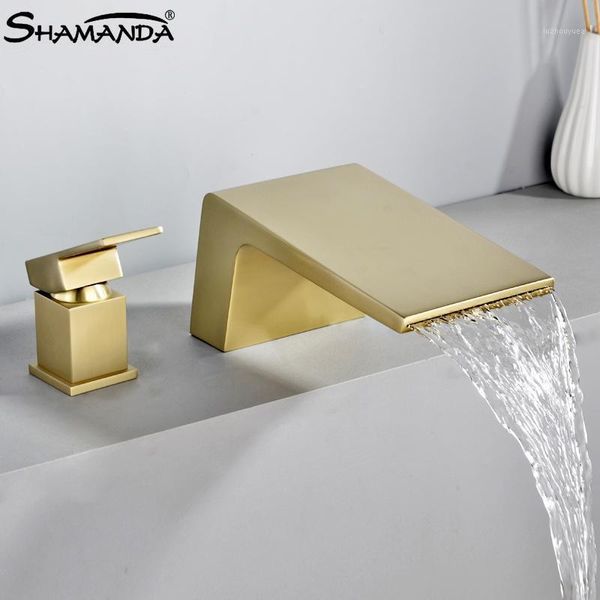 

all copper and cold water basin faucet two-piece brushed gold two-hole basin faucet creative black bathtub waterfall set1