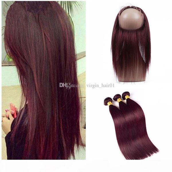 

wine red virgin brazilian human hair weaves 3 bundles with 360 lace frontal pre plucked silky straight #99j burgundy 360 lace closure, Black;brown