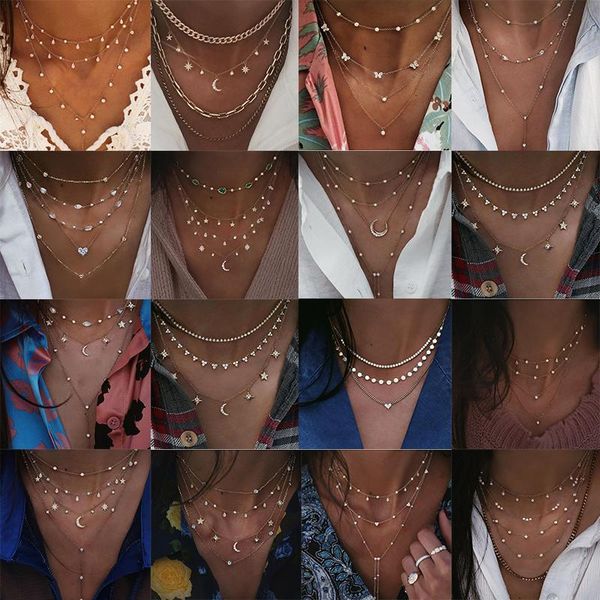 Anhänger Halsketten Mode Multilevel Gold Kette Kristall Herzförmige Sterne Mond Sonne Für Frauen Weibliche Vintage Party Schmuck
