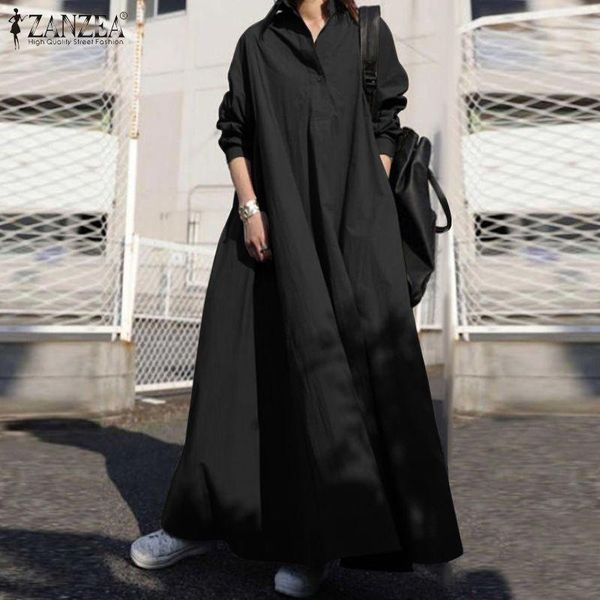 

casual dresses long sleeve loose sundress 2021 zanzea stylish women maxi dress autumn vintage solid party vestido kaftan femme robe, Black;gray