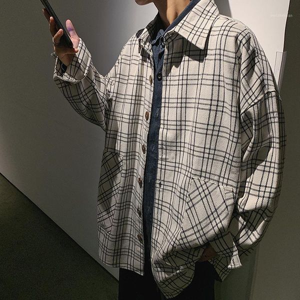 

2019 spring and autumn men's new youth popular plaid fashion casual shirt single-breasted loose jacket white / black -2xl1