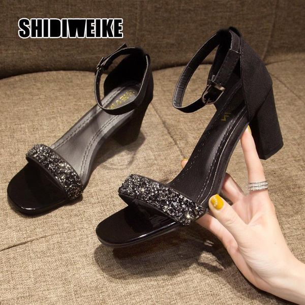 

sandals 2021 style summer fashion thick heels sandal women ankle buckle square toe crystal va905, Black