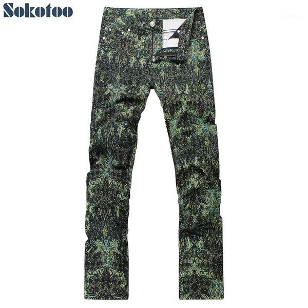 

sokotoo men's fashion green printed jeans sim fit straight colored drawing denim pants1, Blue