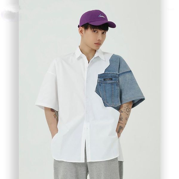

2020 summer new fashion shirt men's design sense stitching denim white shirt korean style trendy men1, White;black