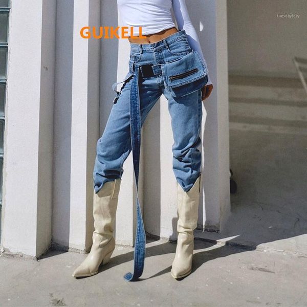 

women's jeans guikell spring street style straight pants high waist personality grinding white fur-lined with fanny pack1, Blue