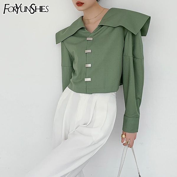 

foryunshes women neo mint green short shirt female sailor collar lantern sleeve preppy style blouse 2020 autumn spring new, White