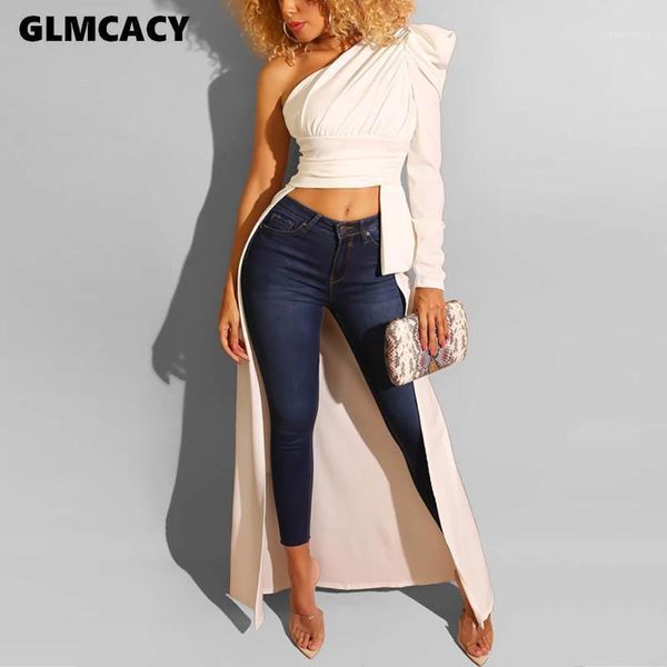 

women's t-shirt women casual skew collar dip hem puff sleeve streetwear solid one shoulder long asymmetrical 1, White