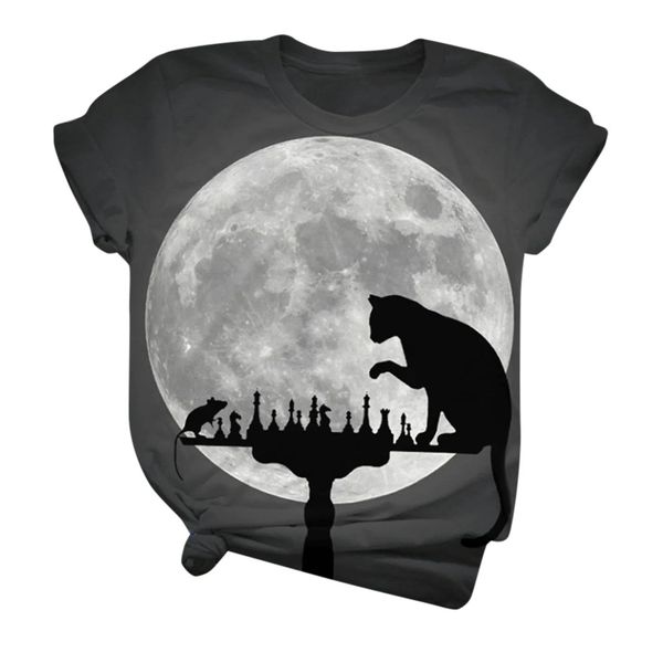 Gatti mouse Divertirsi Luna maglietta della stampa di grande misura le donne Camicie manica corta girocollo T-shirt Tempo libero Top Tee donna