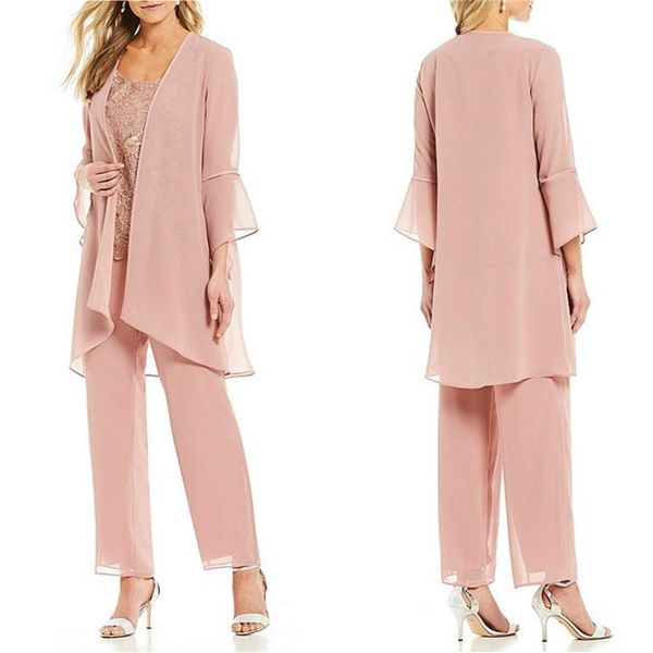 2021 Chiffon Mãe da noiva Pant ternos de três peças Lace manga comprida macacões de convidados do casamento Mãe do tamanho Pantsuits noiva Mais de