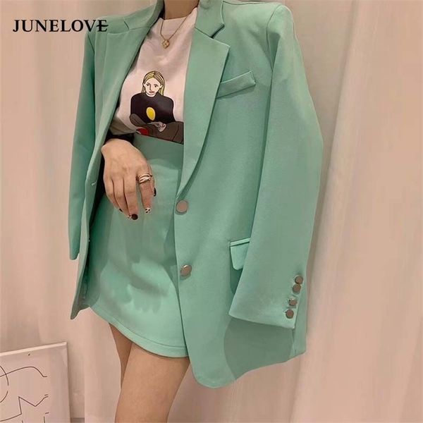 

junelove women spring korean fashion suit office lady blazer&skirts sets high waist skirt two-piece single breasted outwears lj201214, White;black