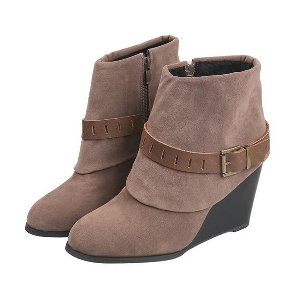 

akexiya plus size women's boots 2020 autumn and winter new female boots fashion wedge belt buckle zipper women's shoes, Black