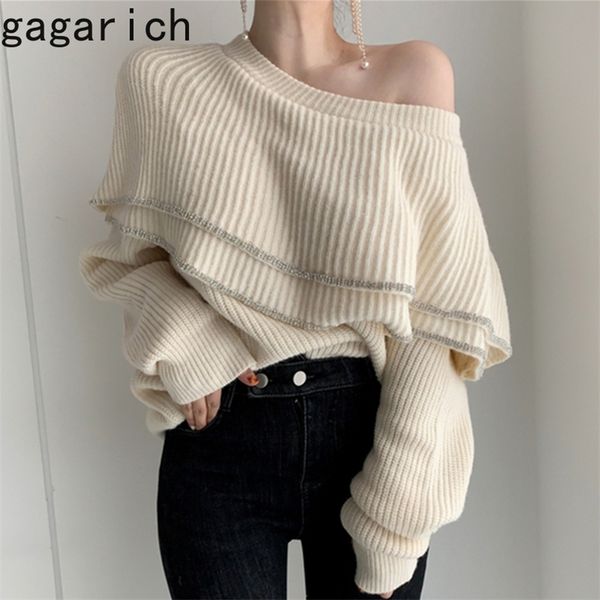 

gagarich women sweater korean style chic double-layer ruffles bright silk edge stitching long-sleeve knit elegant pullovers warm 201225, White;black