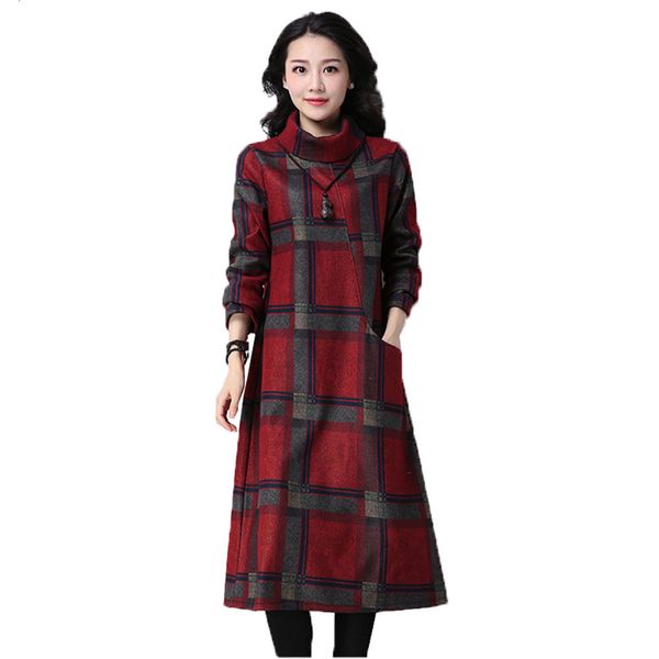

winter dressed female turtleneck long sleeve longer velvet thicken plaid 2021 new casual loose dress of wool r327 pgxb, Black;gray