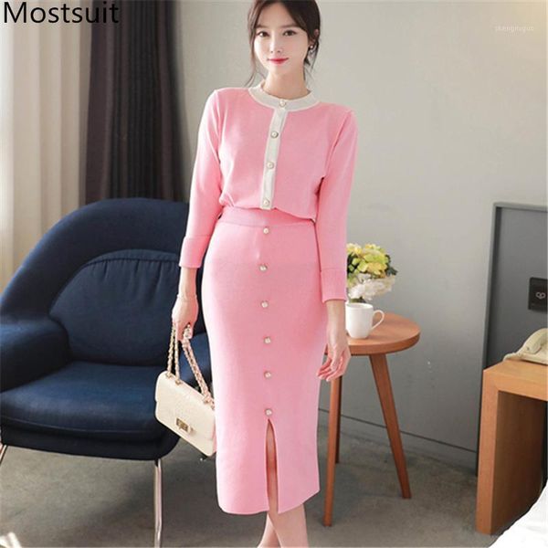 

korean knitted 2 piece skirt sets outfits women o-neck + buttons splitting pencil skirt suits elegant office 2 pcs set 20191, White