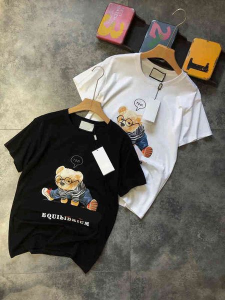 

2022 factory wholesale new 79168gu family black letter big glasses short lovers cartoon cotton half sleeve t-shirt, White