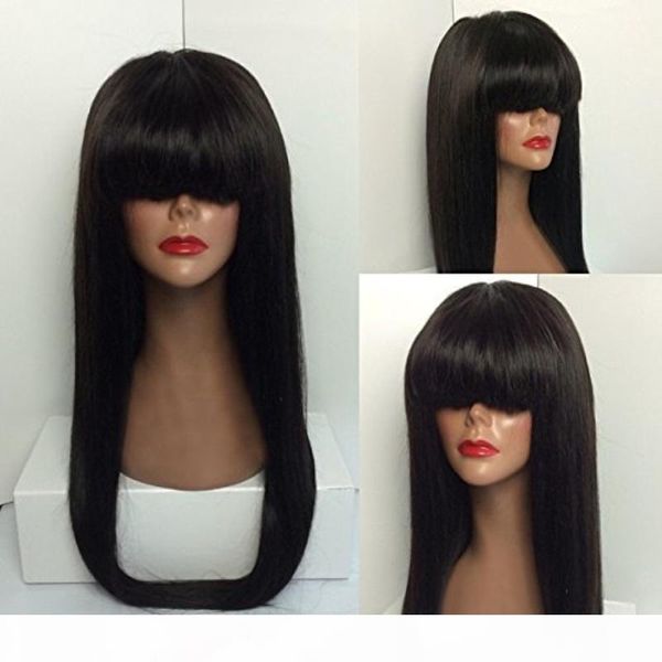 

brazilian straight lace front wig human hair with bangs black women long glueless full bangs full lace wigs remy bleached knots, Black;brown
