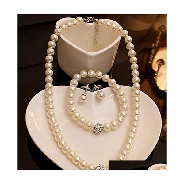 

cream glass pearl and disco rhinestone ball women bridal necklace bracelet and earrings wedding jewelry sets k5721 eizi4, Black