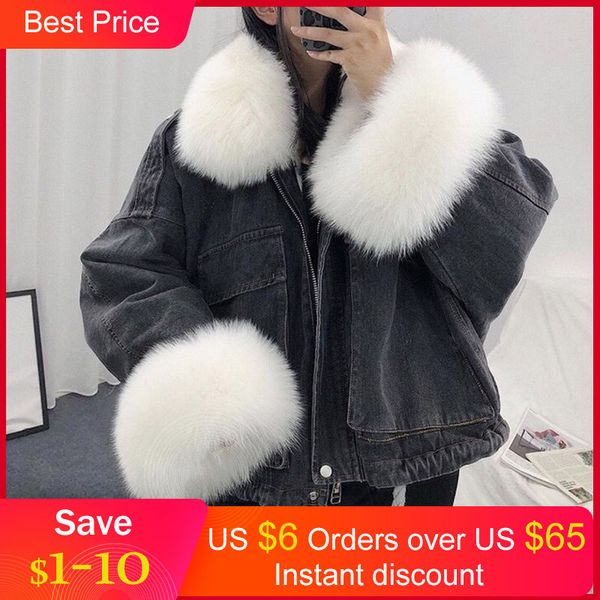 

jacket women denim casual jacket women long sleeve thick coats elegant winter outwear office ladies solid streetwear faux fur c1106, Black;brown