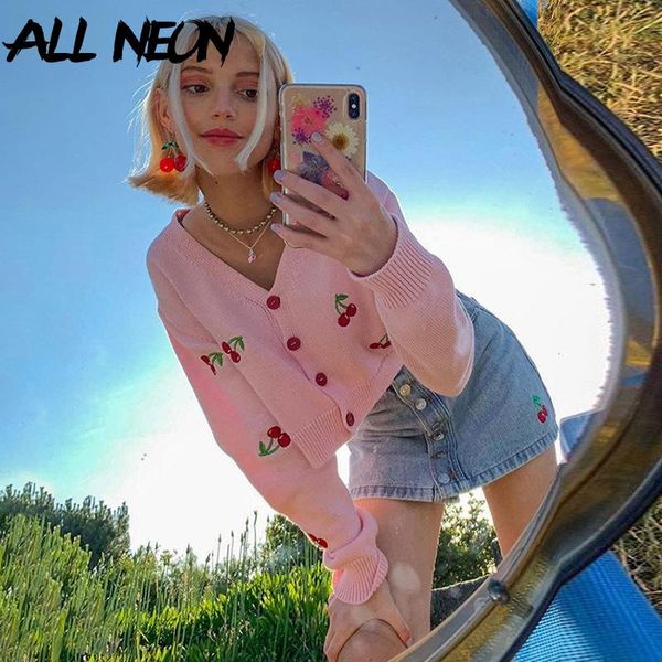 

allneon e-girl sweet single-breasted cherry embroidery knitted cardigans y2k outfits loosed v-neck long sleeve cropped fall, White