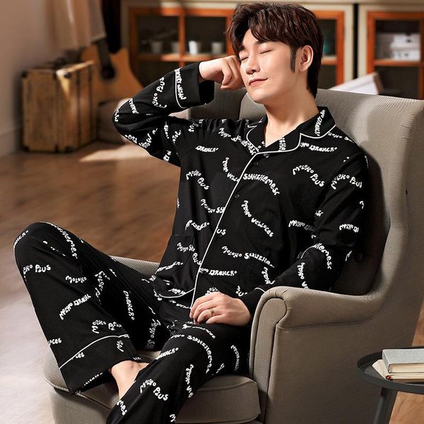 

men's sleepwear ensemble homme pajamas spring and autumn cardigan thin long-sleeved trousers home wear loose large size cotton suit 202, Black;brown