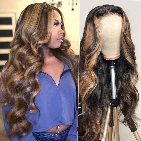 

transparent lace wigs malaysian body wave wigs 4/27 highlight ombre pre plucked 13x4 lace front wig 150% virgin human hair, Black;brown