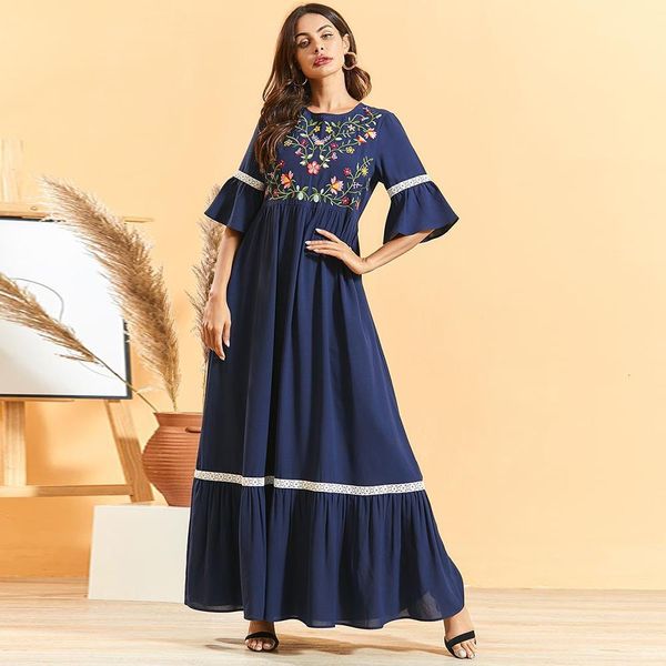 

maxi dress summer 2021 elegant navy blue floral embroidery lace patchwork flare sleeve pleated swing a line dresses new, Black;gray