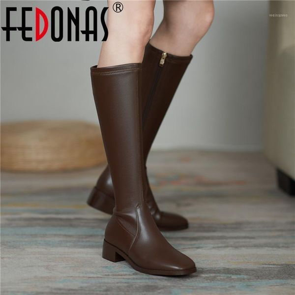 

fedonas shoes woman platform ladies shoes winter keep warm knee high boots genuine leather low heels working tight high boots1, Black