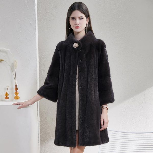 

women's fur & faux 2021 natural mink coat women winter mid-length stand-up collar thick warm real, Black