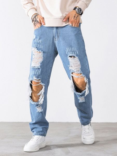 

men cut out ripped frayed cat scratch straight leg jeans a1jr#, Blue