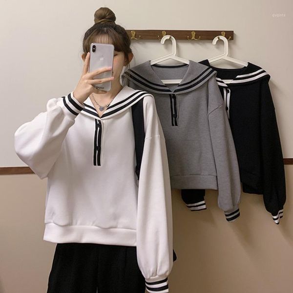

sailor collar fashion patchwork pullovers korean casual loose hoodies oversized long sleeve sweatshirts women's clothing autumn1, Black