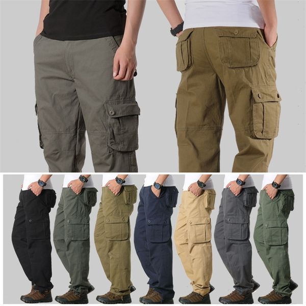 

plus size men's cargo pants multi pocket military trousers new outdoor work pants mens army straight casual long trousers 201125, Black
