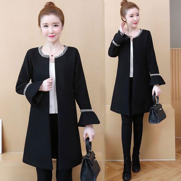 

women's trench coats black plus size l-5xl longline bell sleeve cardigan women outerwear coat 2021 spring woolen casual high street, Tan;black