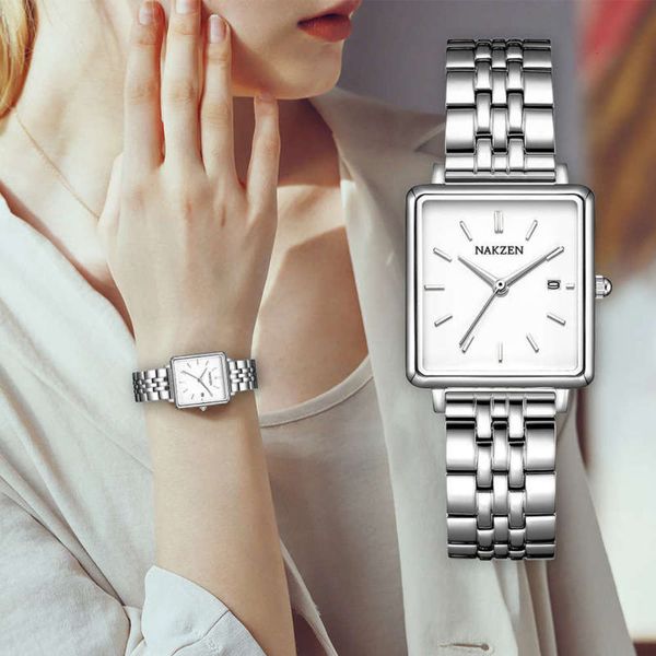 

small thin square nakzen ultra women's watch watch japanese movement waterproof steel belt butterfly button women's watch ss1000l, Slivery;brown