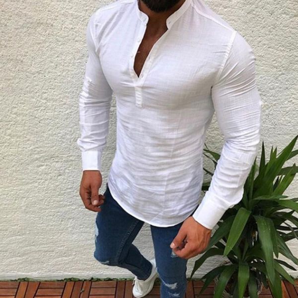 

2019 men casual shirt mandarin collar breathable comfy chinese style cotton linen blend long sleeve shirts hip hop pullover 1, White;black