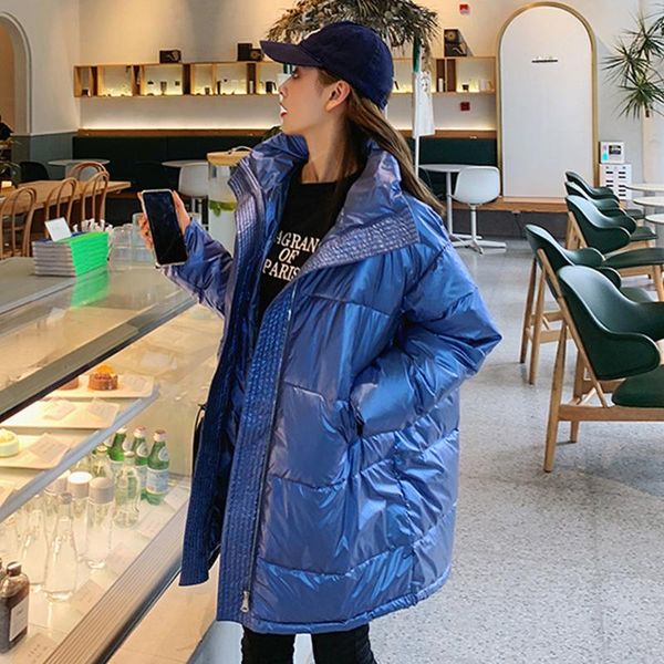 

women's down & parkas warm snow outwear jacket female loose long bright skin in 2021 winter suit 8807, Black