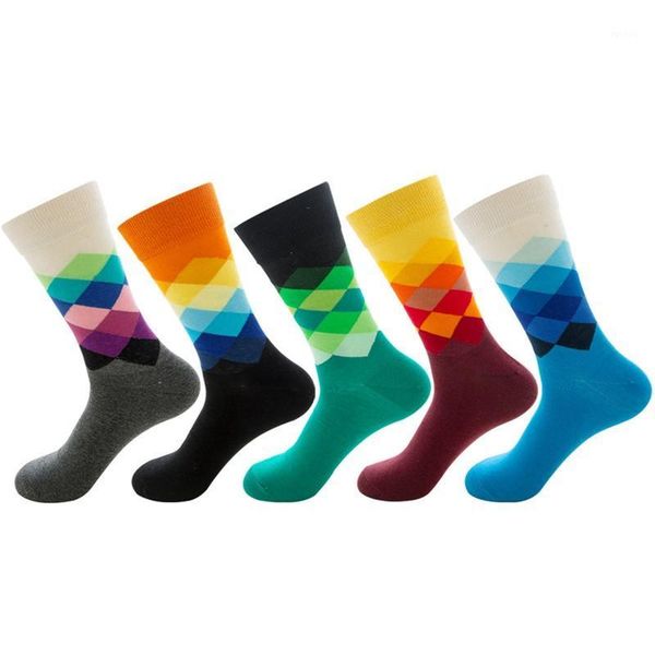 

men colorful casual crew socks combed cotton design harajuku socks hip hop geometric gradient plaid stripe happy1, Black