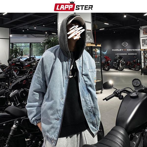 

lappster men streetwear patchwork denim winter jacket 2020 mens hip hop parkas hooded jacket caots male japan style windbreaker, Black