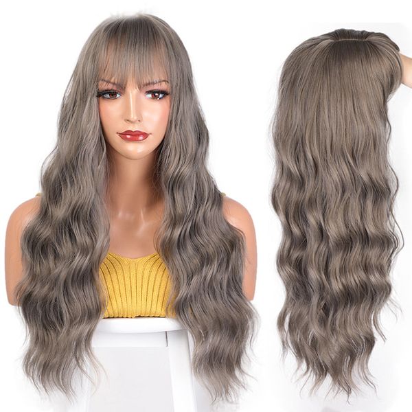 

long wavy wig synthetic wigs mix gray womens wig with bangs for women african american heat resistant hair daily, Black