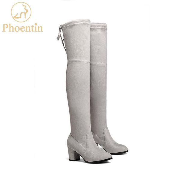 

phoentin women high heel boot overknee grey square heels solid lace up thigh high boots woman autumn shoes pointed toe ft208, Black