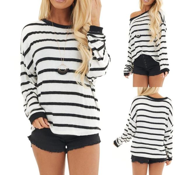 

women dames blouse fashion casual women blouse black white stripe round neck long sleeve loose shirt oversized shirt