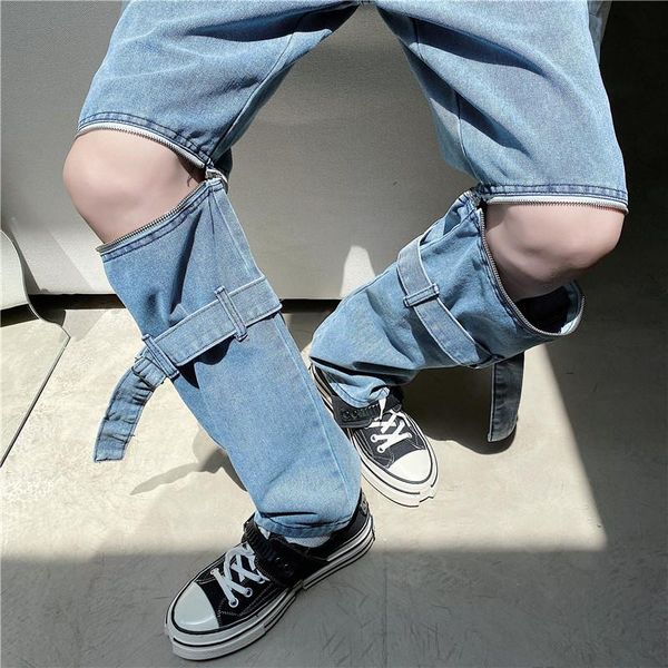 

мужские джинсы брюки zipper заплатки выдолбленные hip-hop jogger straight ниша джинсовые брюки мужские sweatpants, Blue