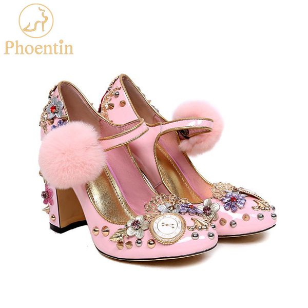 

phoentin pink mary janes crystal flower women pumps with fur genuine leather ladies party shoes clock super high heels lj200928, Black