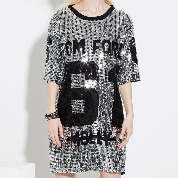 

chic sequins t-shirts sequined hip hop bling tees woman oversized half sleeve o-neck shirt stage dance show club party 1, White