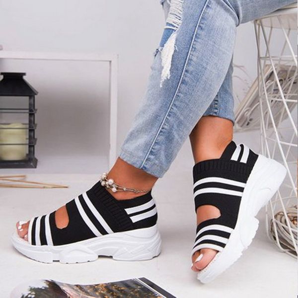

2020 summer women sandals open toe wedges platform ladies shoes knitting lightweight sneakers sandals big size zapatos mujer, Black