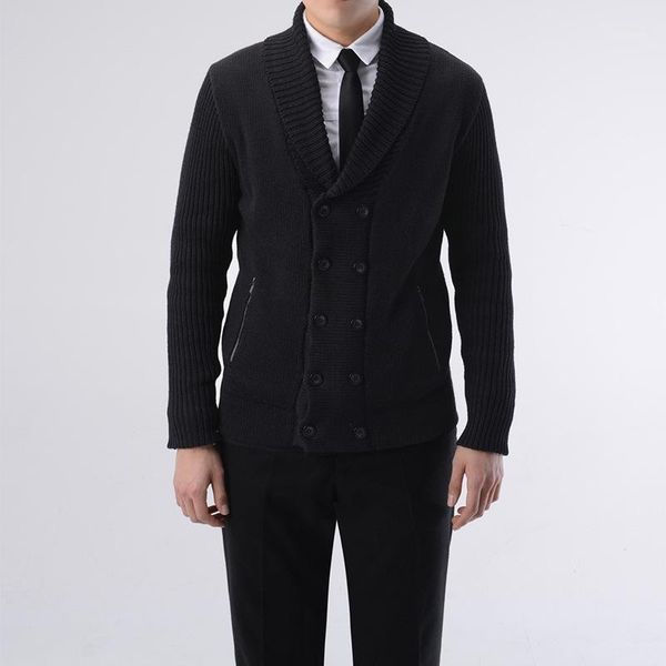 

men's turn-down cotton cardigan autumn winter warm thick solid warm slim fit long sleeve clothes knitted casual male sweater1, White;black