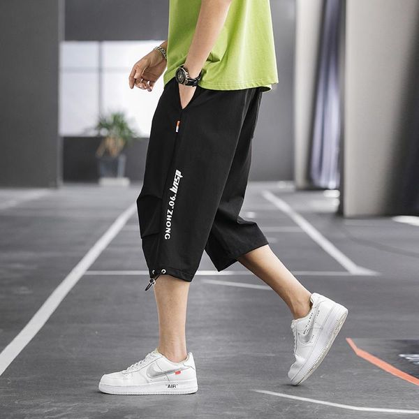 

men's pants 2021 joggers summer short cargo calf length micro elasticity men thin sports slim fitting work casual, Black